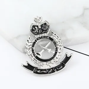 Royal military police style metal brooch badge, black and white alloy lapel pin accessory.