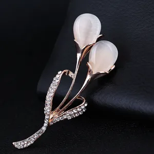 Elegant Alloy Tulip Flower Brooch For Women Rose Gold Rhinestone Opal Accent Pins Fashion Clothing Accessories Jewelry Gift