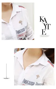 Camicia bianca a maniche lunghe con colletto classico e delicata ricamo di ombrello.