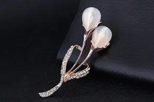 Exquisite double tulip brooch with rhinestones and opal stones, elegant fashion accessory.