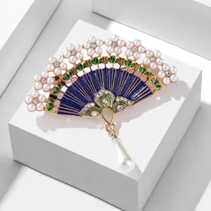 Broche Éventail Style Chinois Vintage Émail Perle Artificielle Strass Alliage Pendentif Femme Bijoux Rétro