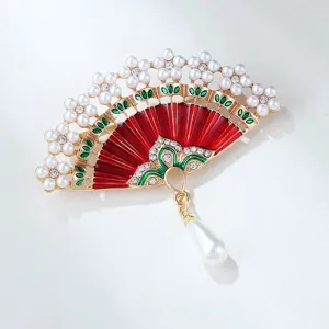 Broche éventail vintage émail rouge style chinois avec perles strass pour femmes vue principale