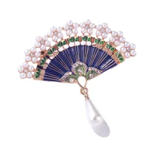 Broche Éventail Émail Bleu Style Rétro Chinois avec Perles Strass et Pendentif