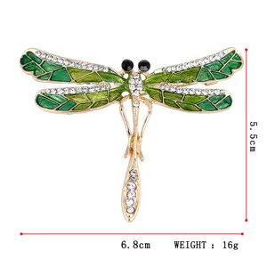 Green enamel dragonfly brooch detail, rhinestone embellished insect pin for women coats.