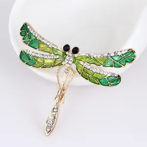 Elegant green dragonfly brooch pin for women, crystal rhinestone alloy accessories for coat.