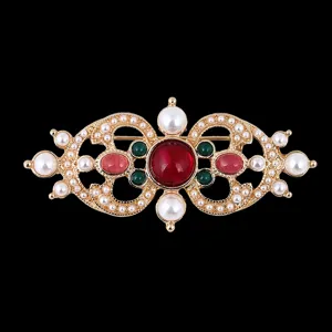 Vintage Baroque court style large brooch with red gemstone, pearls and crystals for women