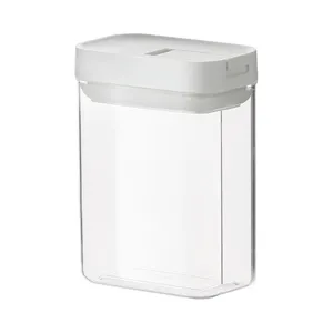 Clear plastic food storage container with white airtight push button lid for kitchen pantry.