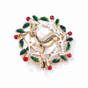 Weihnachtliche Hirsch Brosche Emailliert Strass Goldfarben Festlicher Schmuck Damen