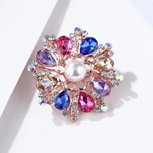 Elegant multi-color crystal pearl flower brooch pin alloy rhinestone fashion jewelry for women.