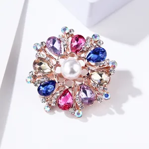 Colorful crystal pearl flower brooch pin elegant alloy rhinestone fashion jewelry accessory