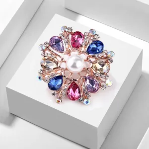 Korean Fashion Colored Crystal Artificial Pearl Alloy Rhinestone Flower Brooch For Women Clothing Accessory