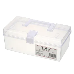Boîte de rangement en plastique transparent avec poignée et loquet blancs, organiseur portable.