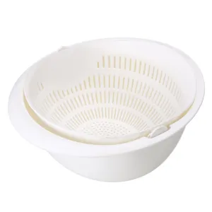 White double layer plastic drain basket for kitchen, vegetable washing colander, main view.