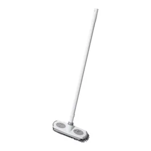 Household multifunctional cleaning brush with long handle and dual bristle heads for floor.