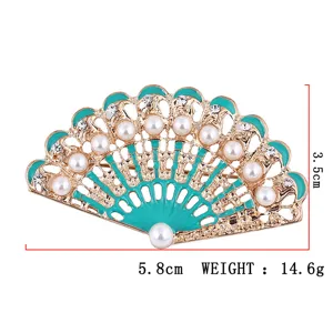 Elegante Spilla Ventaglio Perla Vintage Smalto Strass Cardigan Sciarpa Accessorio 5.8cm