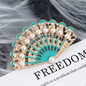 Spilla vintage a ventaglio in smalto con perle e strass, elegante spilla per sciarpe.
