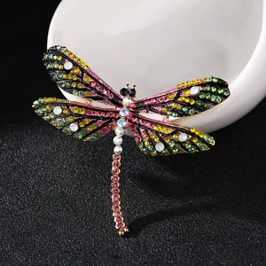 Colorful crystal dragonfly brooch detail, vintage enamel insect lapel pin accessory for apparel