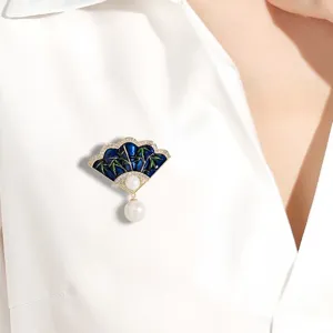 Vintage Chinesischer Stil Legierung Emaille Fächer Brosche Mit Bambusmuster Strass Rand Künstliche Perle Quaste Drop Brosche Pin Für Kleid Bekleidung Zubehör Damen