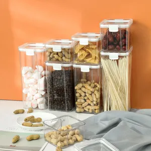 Square Plastic Food Storage Jar Clear Sealed Container Airtight Lid For Kitchen Grains Snacks Dry Fruit Organizers