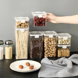 Square plastic food storage container set with airtight lids, clear kitchen canisters for dry goods.