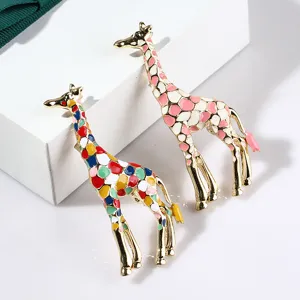 Colorful enamel giraffe brooch pin set, stylish metal animal corsage fashion jewelry.