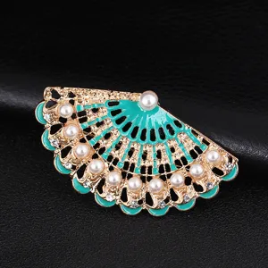 Spilla vintage a ventaglio in smalto turchese con perle e strass elegante gioiello donna