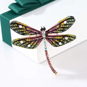 Close-up detail of a colorful rhinestone dragonfly brooch with oil drop design, exquisite insect pin.