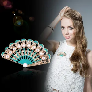 Spilla da Donna a Forma di Ventaglio in Smalto Blu Sarcella in Lega Elegante Vintage con Strass di Alta Qualità e Perle Artificiali Accessori per Cardigan Gioielli