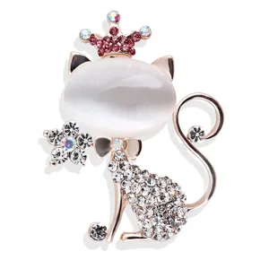 Korean Style Elegant Alloy Rhinestone Crown Cat Brooch Pin Rose Gold Colored Animal Brooch For Women Suit Dress Coat Accent Accessories Gift