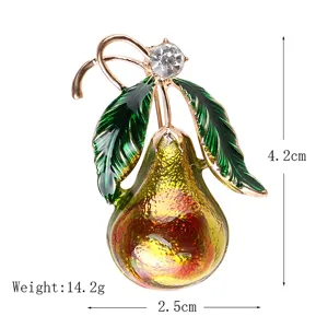 Spilla a forma di pera smaltata con foglie verdi e strass scintillante per donna.