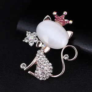 Elegant rhinestone crown cat brooch with white opal stone, perfect for women's suits.