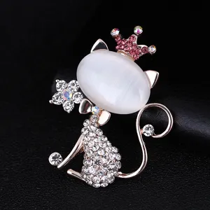 Exquisite rhinestone cat brooch with cat's eye stone, perfect suit accessory for women.