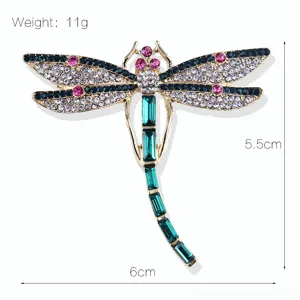 Elegant crystal dragonfly brooch detail, sparkling rhinestones, alloy base, size 6x5.5cm, weight 11g.