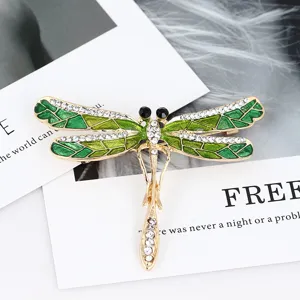 Green enamel dragonfly brooch detail, sparkling rhinestone insect pin for women coat sweater.