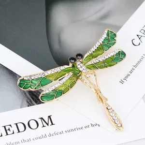 Fashion green enamel dragonfly brooch pin with sparkling rhinestones, elegant sweater coat accessory.