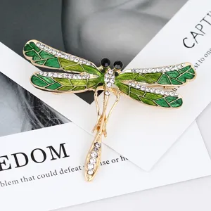 Elegant green enamel dragonfly brooch with sparkling rhinestones, stylish coat and sweater pin.