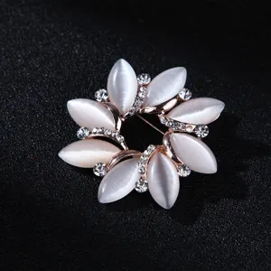 Elegante Roségold Katzenauge Stein Blume Brosche glänzende Strass Runde Anstecknadel