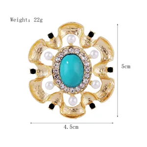 Broche vintage retro barroco de aleación con diamantes de imitación y turquesa para mujeres.