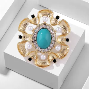 Broche Vintage Barroco de Aleación Strass para Mujer Estilo Corte Real Turquesa Gema Sintética Perla Artificial Flor Corsage Elegante Alfiler Decorativo