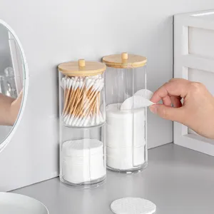 Boîte de Rangement 2 en 1 pour Coton-Tige et Disque Démaquillant avec Couvercle en Bambou