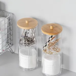 Boîte de rangement en acrylique transparent avec couvercle en bambou pour cotons et accessoires