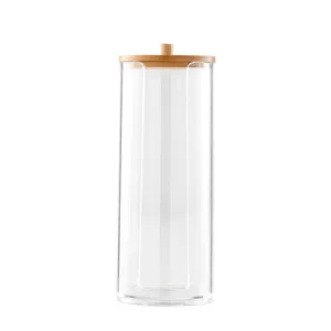 Organisateur de tampons en coton et batonnets en acrylique transparent avec couvercle en bambou