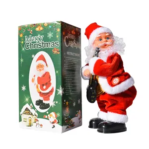 Vista detallada del juguete de Papá Noel musical eléctrico con caja de embalaje festiva y pilas.