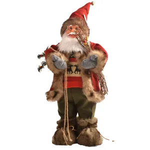 Detailansicht der Weihnachtsmann Plüschpuppe Dekoration mit Pelzbesatz und Strickpullover.