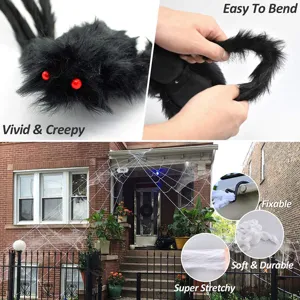 Halloween plush spider detail and stretchy web setup props for haunted house decoration.