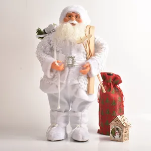 Weißer Weihnachtsmann Puppe Figur mit Skiern für Weihnachtsfeier Heimdekor und festliche Geschenke