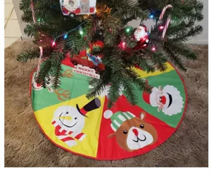 Colorful Christmas tree skirt with cute cartoon snowman and reindeer patterns for holiday decor.