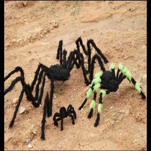 Halloween plush spider outdoor scene detail showing fuzzy hairy texture and scary props