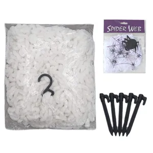 Halloween spider web decoration set with white stretch cotton, fake spider and ground stakes.