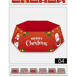 Hexagonal Christmas tree skirt with festive red linen design and cute holiday graphics.